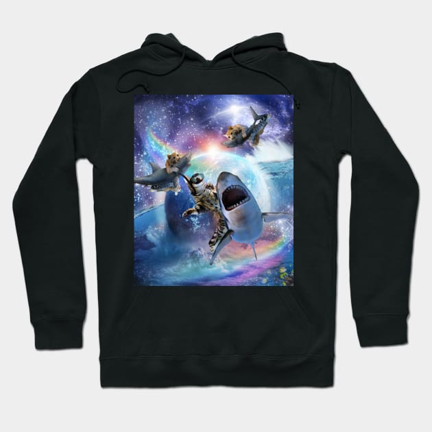 Rainbow Galaxy Cat Riding Shark In Space Hoodie by Random Galaxy